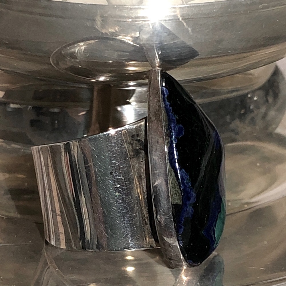 Azurite Malachite Teardrop Gem Stone Sterling Silver Statement Ring size 11 - Picture 7 of 13